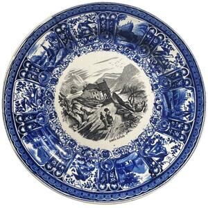 Rare Schramberg Majolica Plate Blue & Black Transfer "Rocca Danfo"